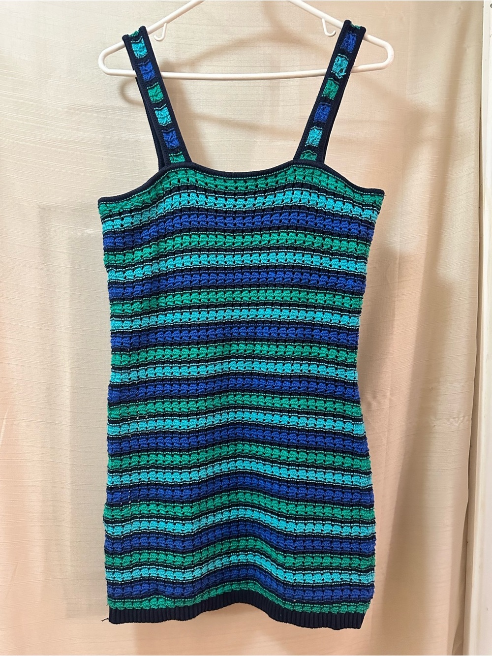 GAP Crochet Knit Tank Dress Blue Green Striped Sleeveless Lined Medium